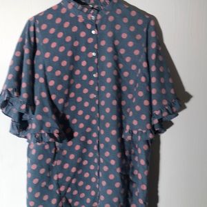 Women’s easel rayon Polkadot button down blouse with ruffled sleeves